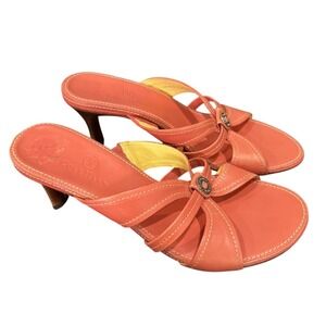 Cole Haan Womens 7 B Coral Leather Kitten Heel Slide Sandals Mules Coastal Chic